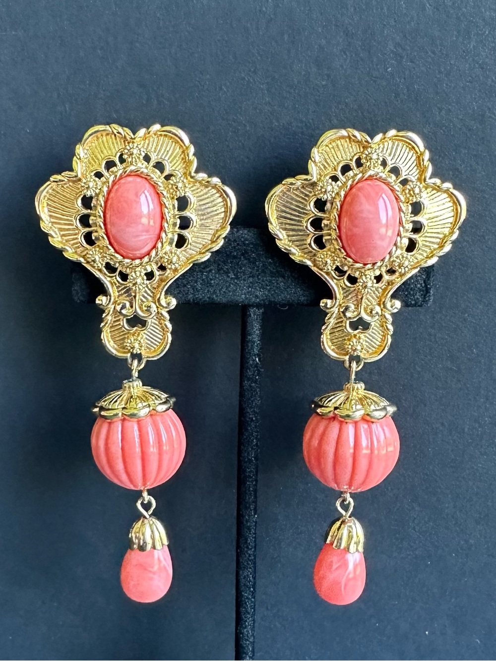 Angel Skin Coral Lucite Clip On Statement Dangle Earrings Jose Barrera for AVON